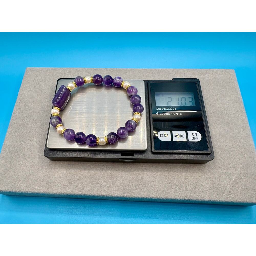 Natural Amethyst & Pearl Beaded Bracelet– w/ Certificate - Picture 6 of 8